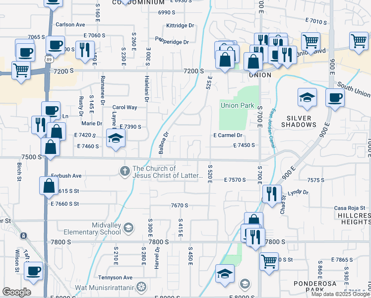 map of restaurants, bars, coffee shops, grocery stores, and more near 7462 Greenhaven Drive in Midvale