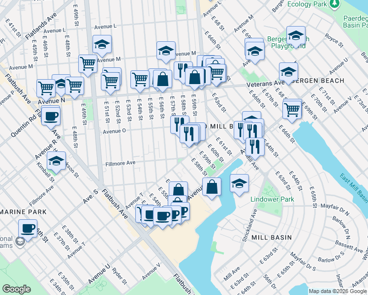 map of restaurants, bars, coffee shops, grocery stores, and more near 5809 Avenue T in Brooklyn