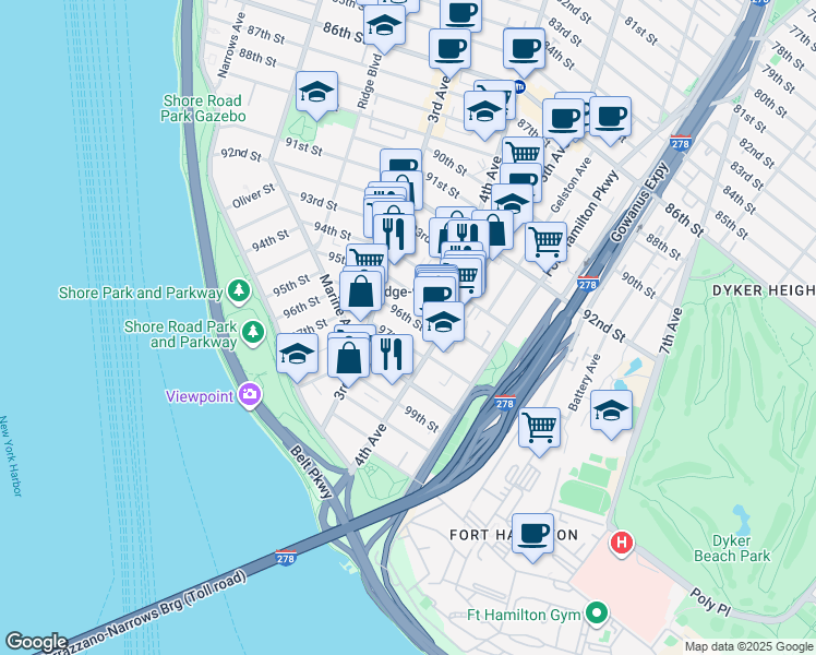 map of restaurants, bars, coffee shops, grocery stores, and more near 358 96th Street in Brooklyn