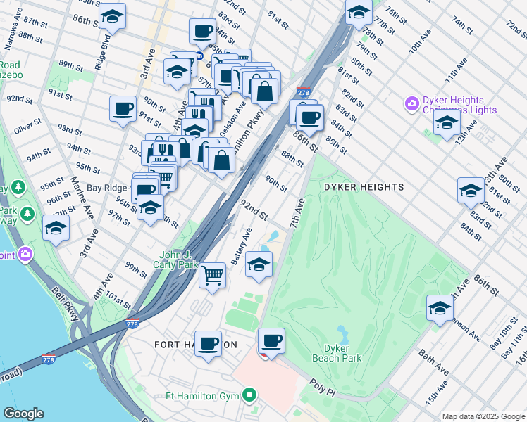 map of restaurants, bars, coffee shops, grocery stores, and more near 145 Battery Avenue in Brooklyn