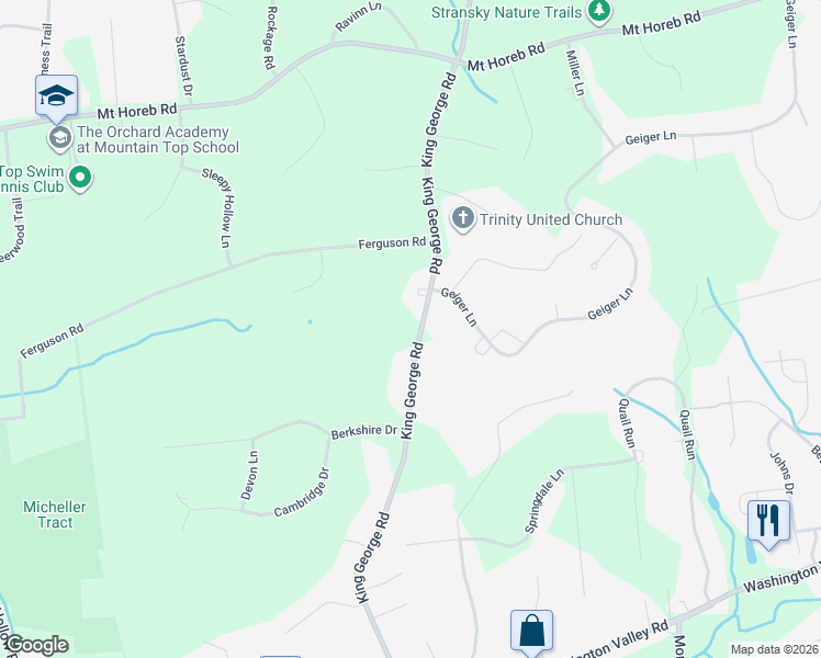 map of restaurants, bars, coffee shops, grocery stores, and more near 110 King George Road in Warren