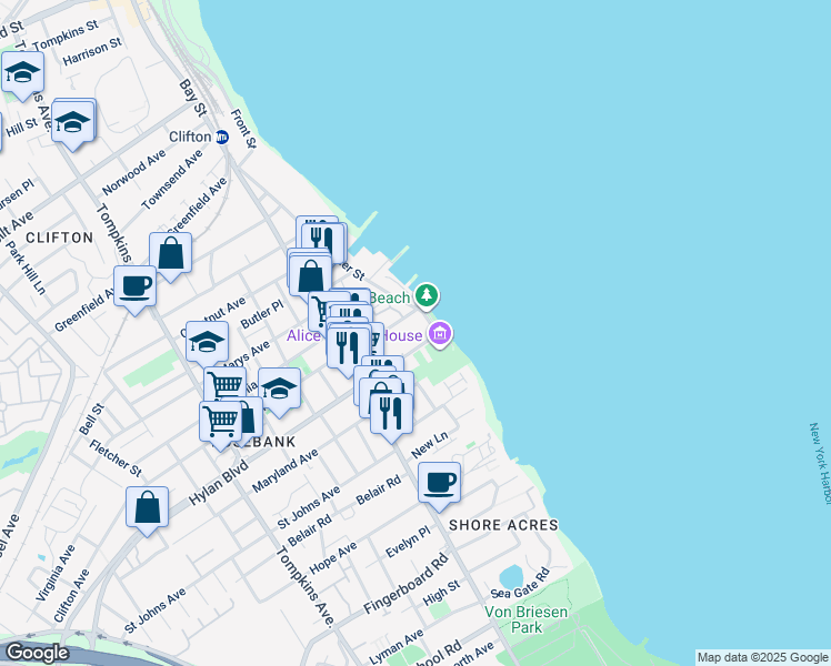 map of restaurants, bars, coffee shops, grocery stores, and more near 13 Hylan Boulevard in Staten Island