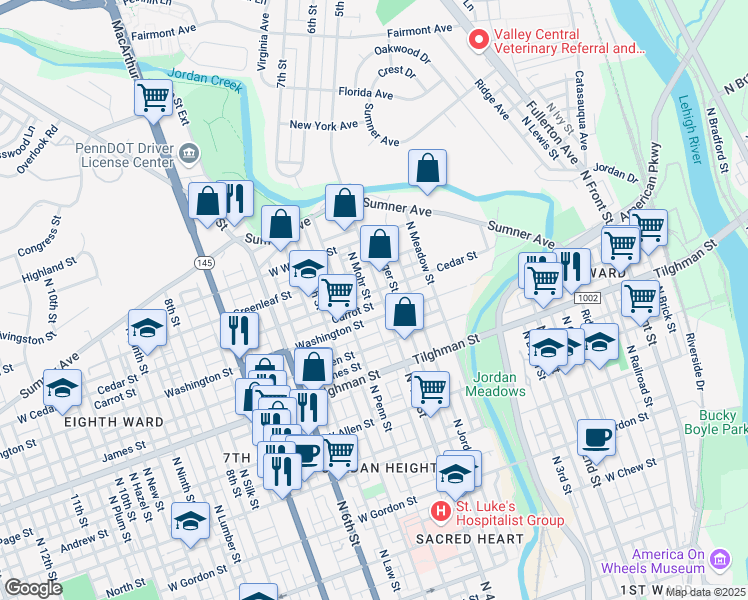 map of restaurants, bars, coffee shops, grocery stores, and more near 401 Washington Street in Allentown