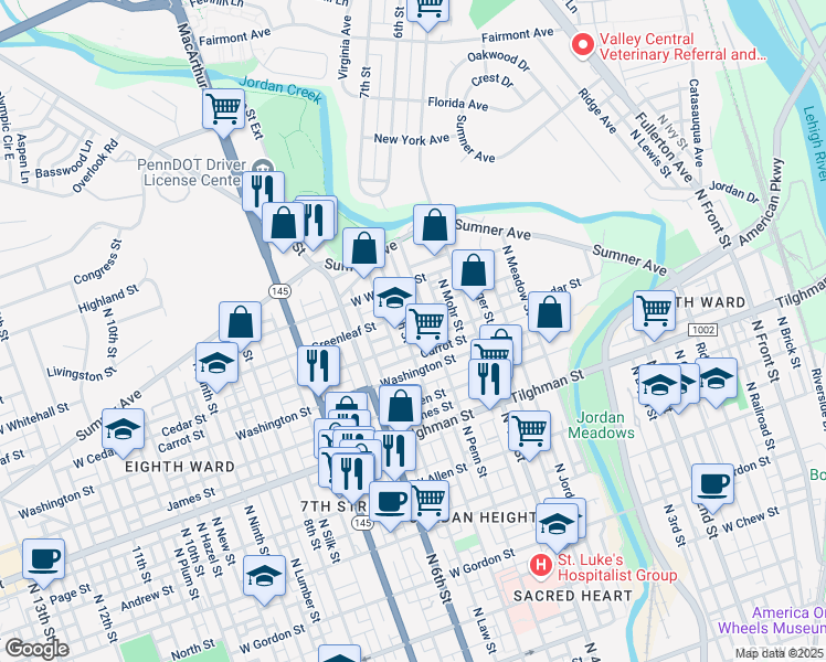 map of restaurants, bars, coffee shops, grocery stores, and more near 823 North Penn Street in Allentown