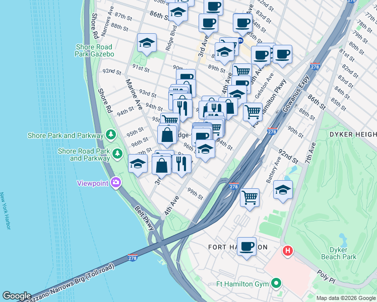 map of restaurants, bars, coffee shops, grocery stores, and more near 358 96th Street in Brooklyn