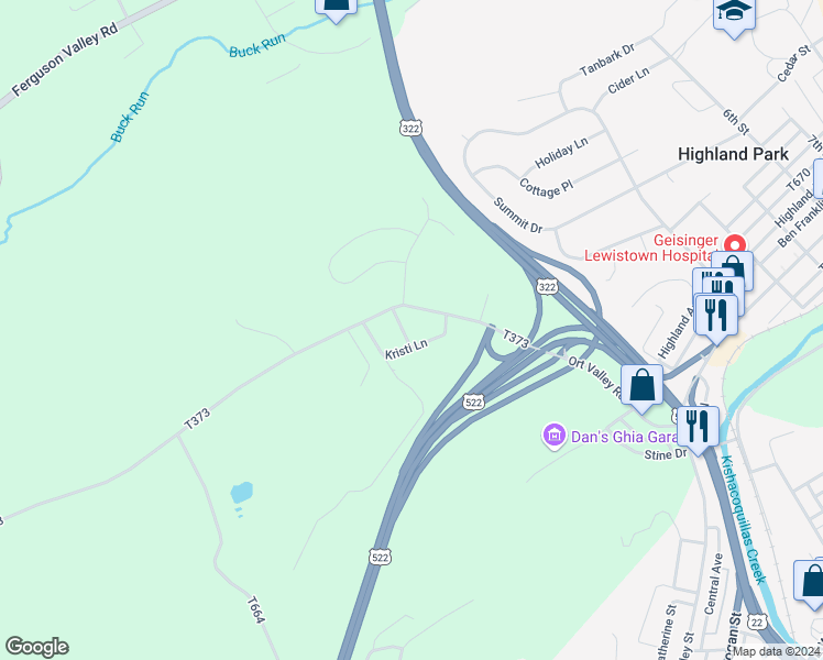 map of restaurants, bars, coffee shops, grocery stores, and more near 21 Kelly Drive in Lewistown