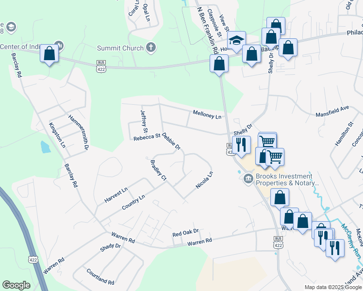 map of restaurants, bars, coffee shops, grocery stores, and more near 375 Debbie Drive in Indiana