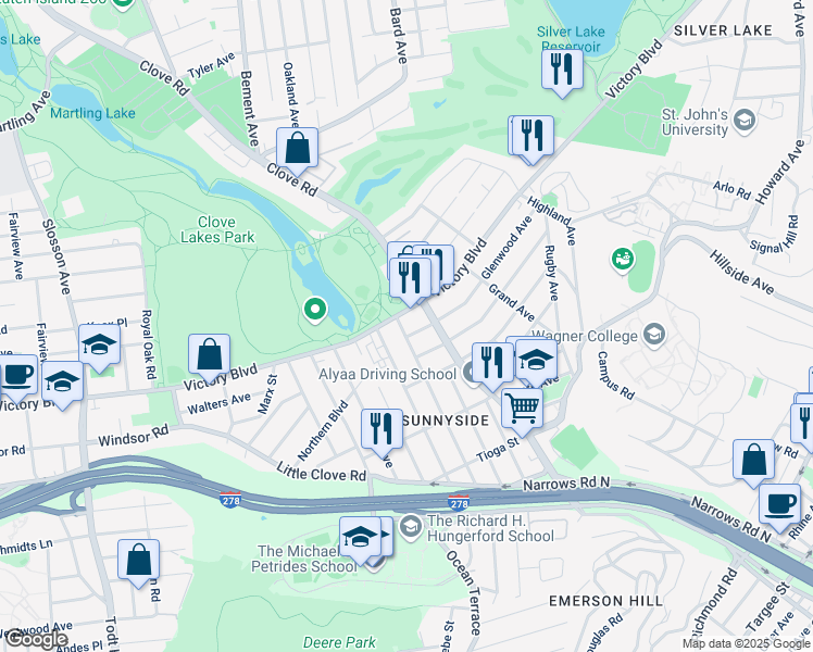 map of restaurants, bars, coffee shops, grocery stores, and more near 9 Seneca Avenue in Staten Island