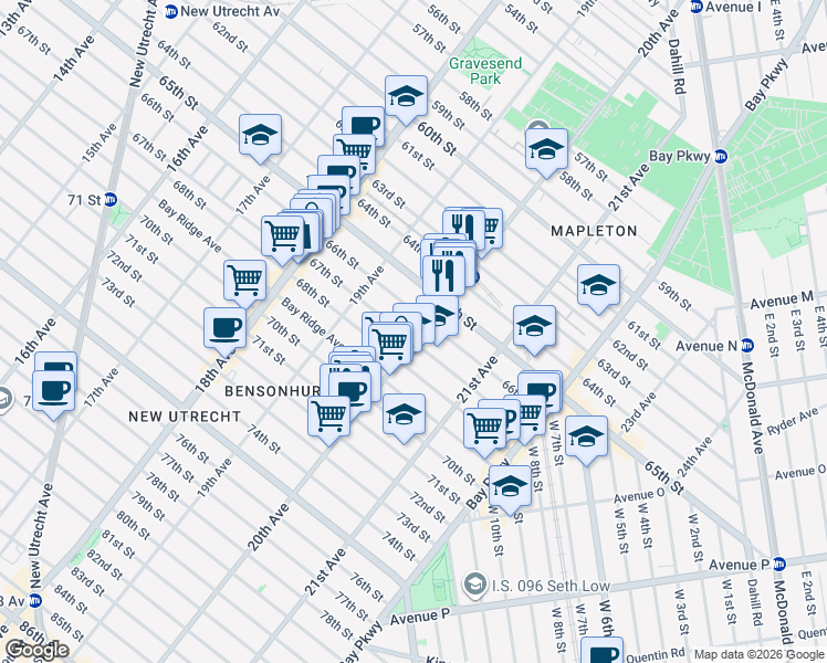 map of restaurants, bars, coffee shops, grocery stores, and more near 6618 20th Avenue in Brooklyn