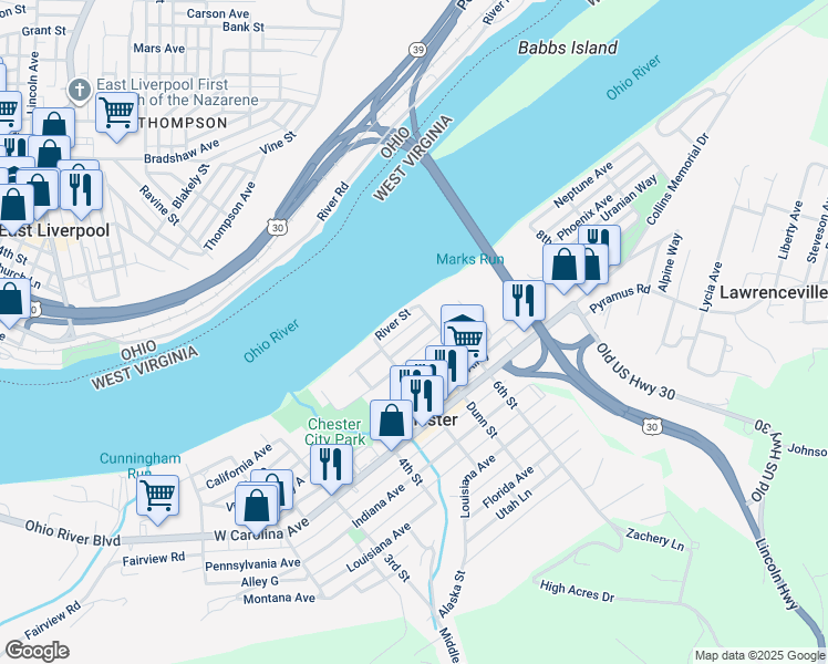 map of restaurants, bars, coffee shops, grocery stores, and more near 533 California Avenue in Chester
