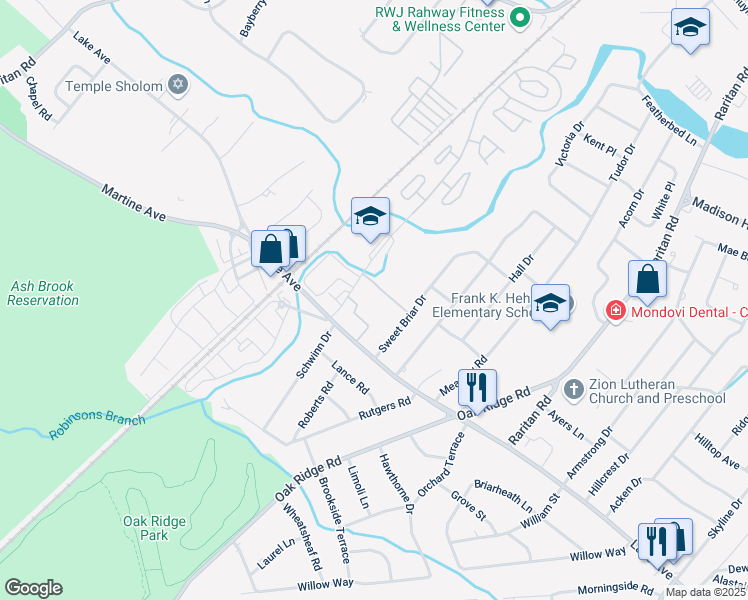 map of restaurants, bars, coffee shops, grocery stores, and more near 21 Briarwood Path in Clark