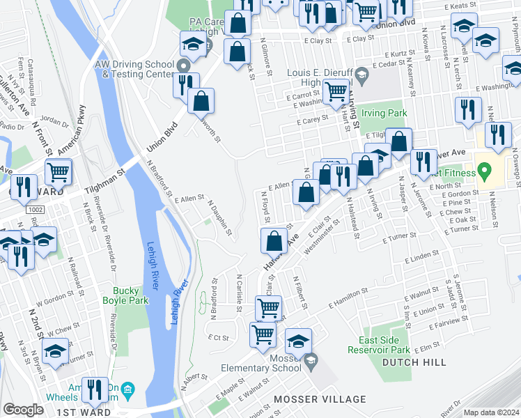 map of restaurants, bars, coffee shops, grocery stores, and more near 425 North Filbert Street in Allentown