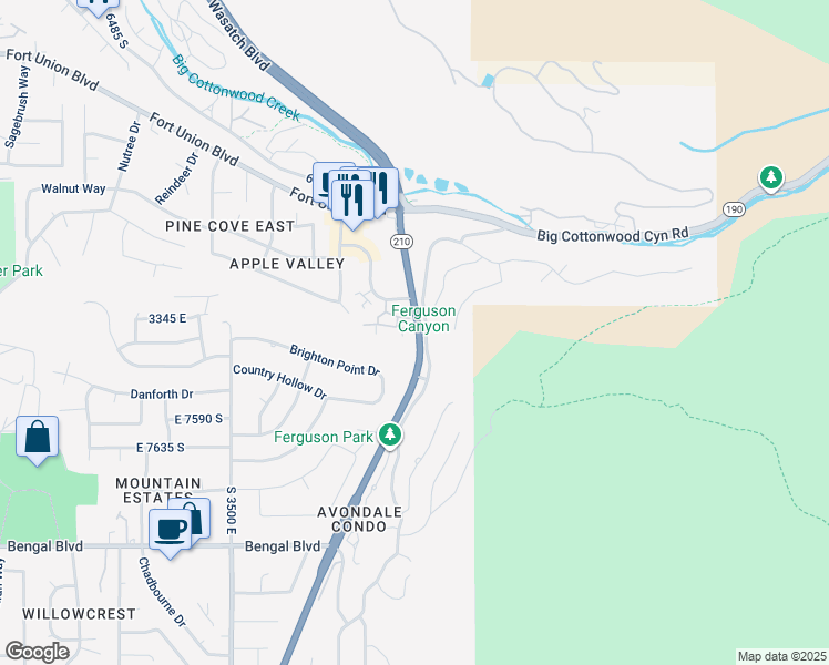 map of restaurants, bars, coffee shops, grocery stores, and more near 7430 Wasatch Boulevard East in Cottonwood Heights