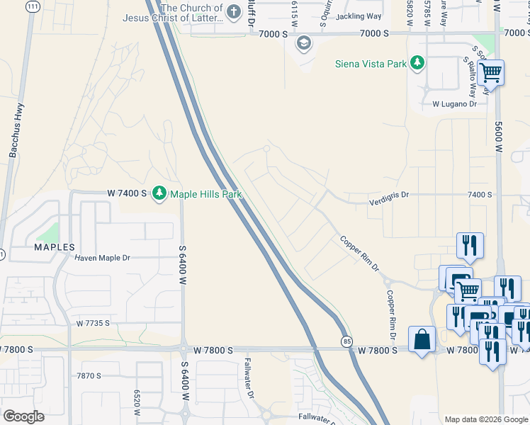 map of restaurants, bars, coffee shops, grocery stores, and more near Mountain View Corridor Trail in West Jordan