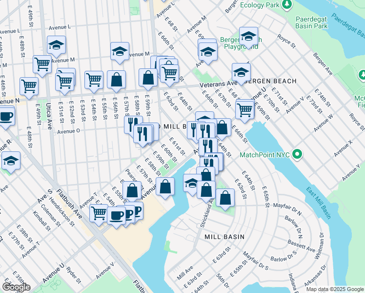 map of restaurants, bars, coffee shops, grocery stores, and more near 2050 East 61st Street in Brooklyn