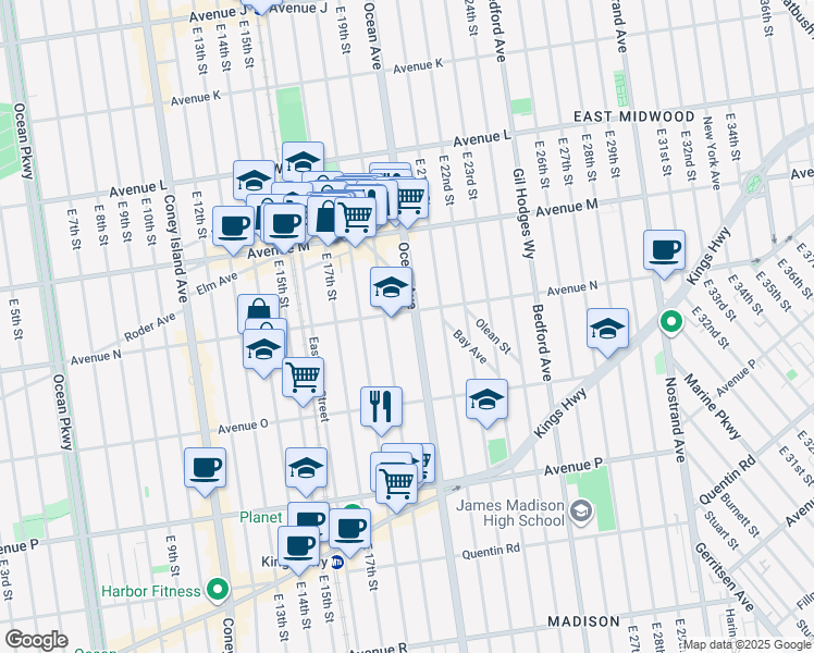 map of restaurants, bars, coffee shops, grocery stores, and more near 1902 Ocean Avenue in Brooklyn