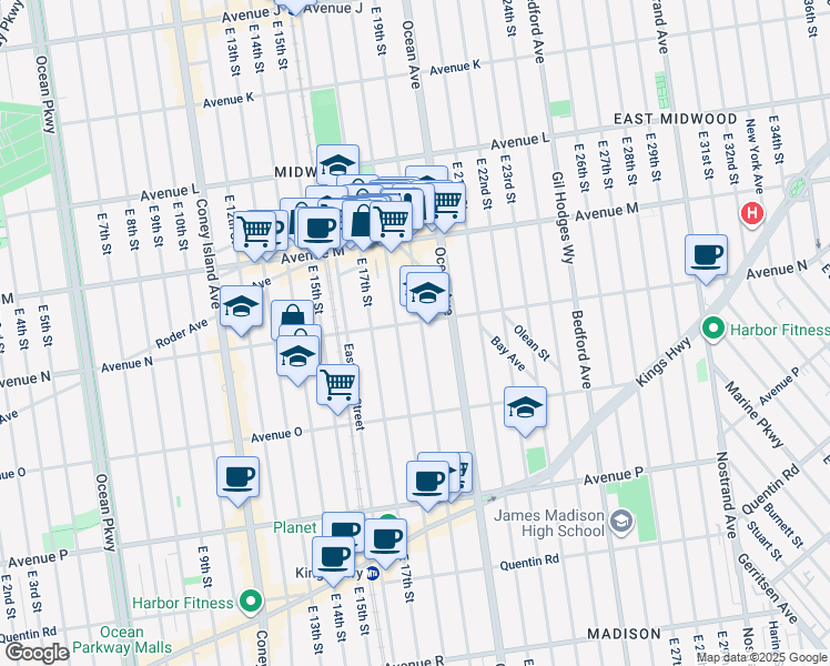 map of restaurants, bars, coffee shops, grocery stores, and more near 1424 East 19th Street in Brooklyn
