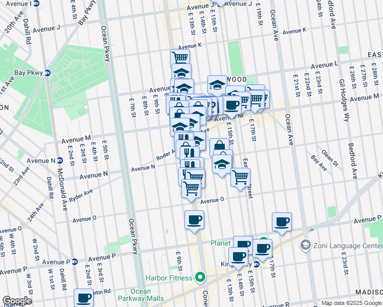 map of restaurants, bars, coffee shops, grocery stores, and more near 1722A Coney Island Avenue in Brooklyn