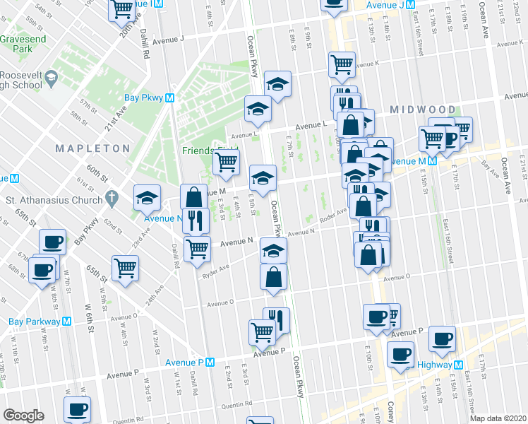 map of restaurants, bars, coffee shops, grocery stores, and more near 1360 Ocean Parkway in Brooklyn