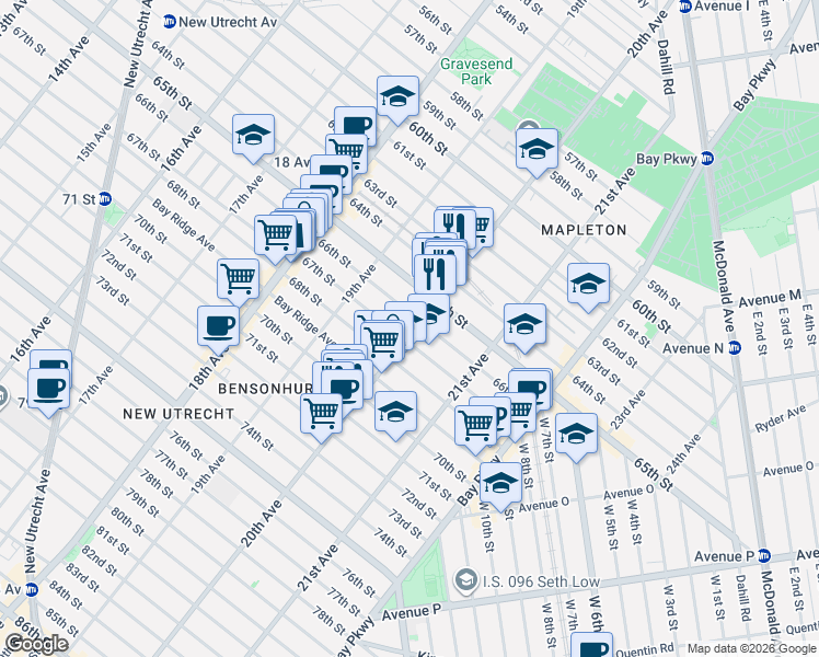 map of restaurants, bars, coffee shops, grocery stores, and more near 1982 67th Street in Brooklyn