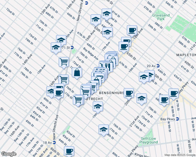 map of restaurants, bars, coffee shops, grocery stores, and more near 1768 72nd Street in Brooklyn