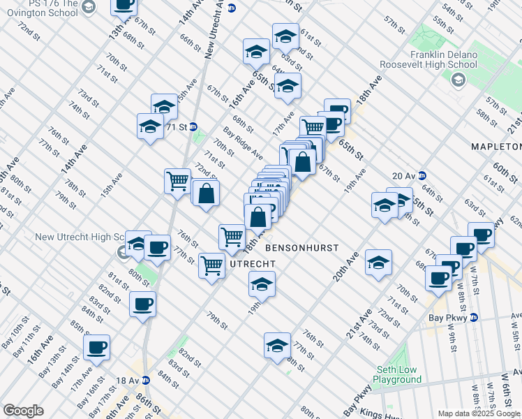 map of restaurants, bars, coffee shops, grocery stores, and more near 1768 72nd Street in Brooklyn
