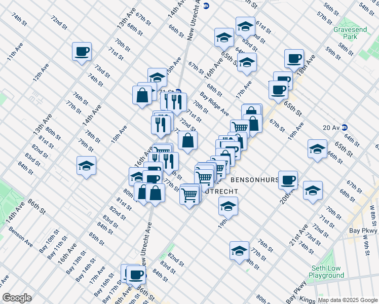 map of restaurants, bars, coffee shops, grocery stores, and more near 7402 17th Avenue in Brooklyn