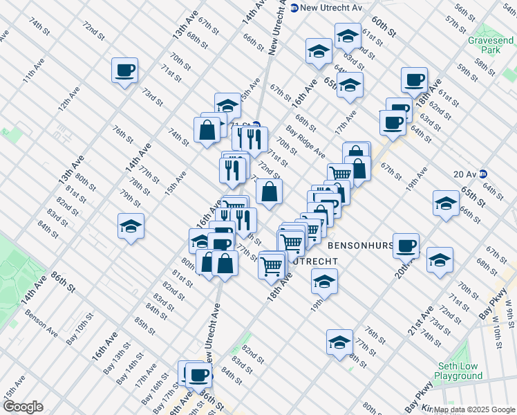 map of restaurants, bars, coffee shops, grocery stores, and more near 7402 17th Avenue in Brooklyn