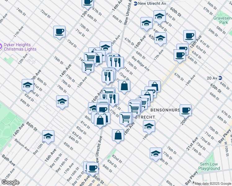 map of restaurants, bars, coffee shops, grocery stores, and more near 1648 Bay Ridge Parkway in Brooklyn