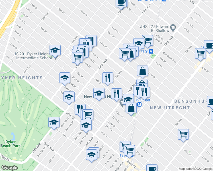 map of restaurants, bars, coffee shops, grocery stores, and more near 7824 15th Avenue in Brooklyn