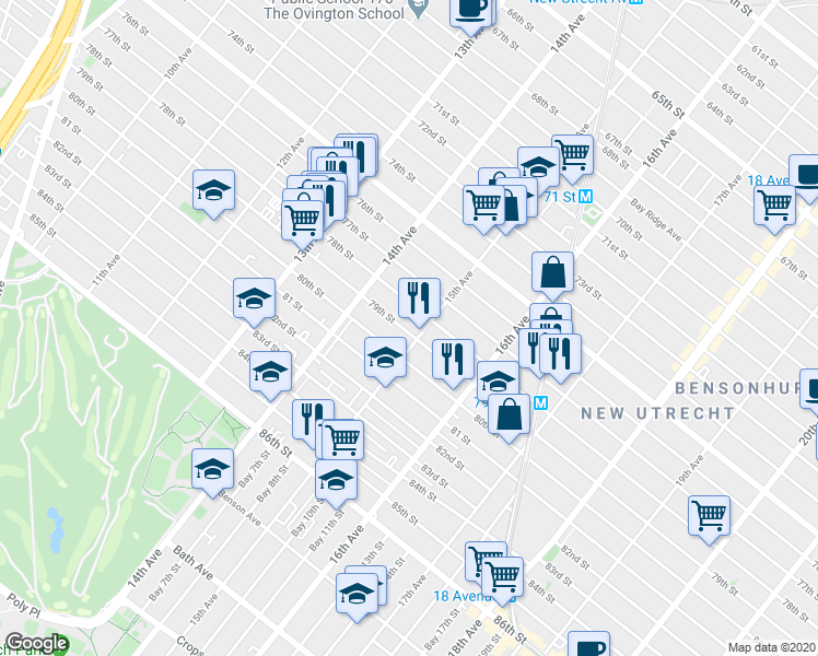 map of restaurants, bars, coffee shops, grocery stores, and more near 7824 15th Avenue in Brooklyn