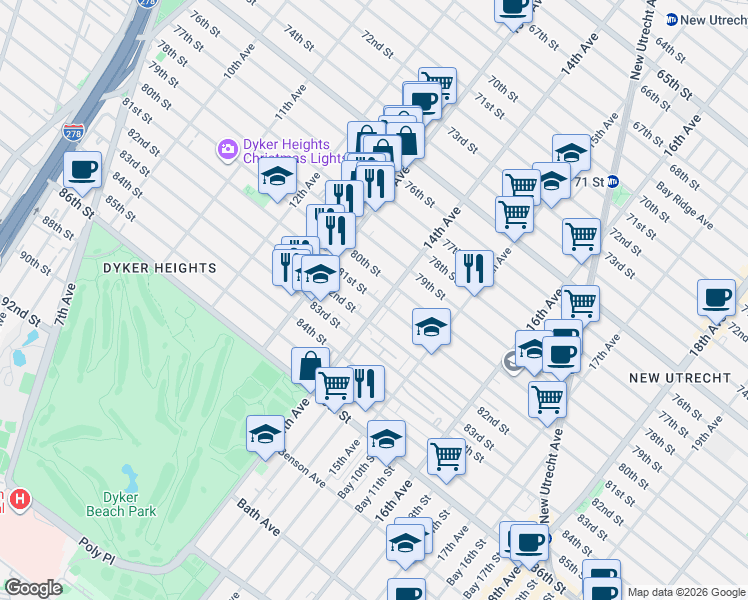 map of restaurants, bars, coffee shops, grocery stores, and more near 1401 81st Street in Brooklyn