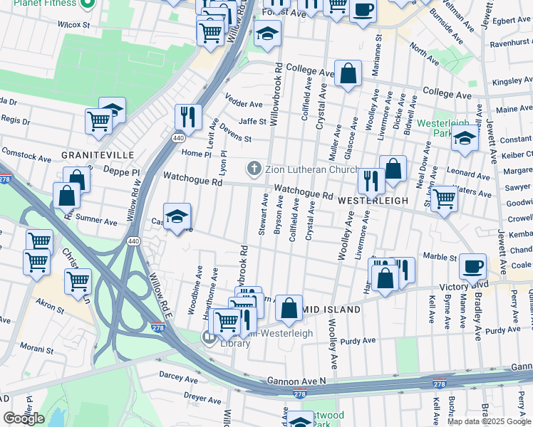 map of restaurants, bars, coffee shops, grocery stores, and more near 345 Stewart Avenue in Staten Island