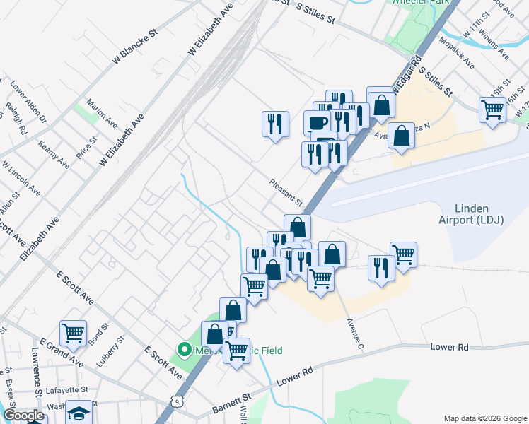 map of restaurants, bars, coffee shops, grocery stores, and more near 905 Smith Street in Linden