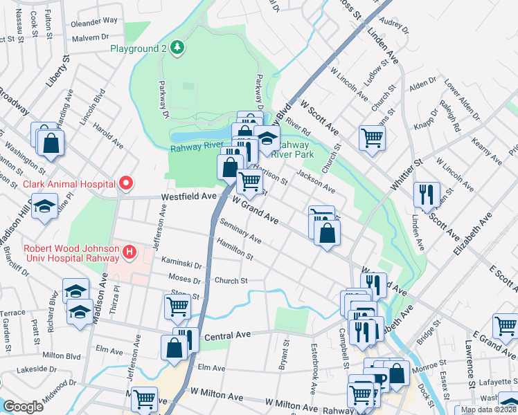 map of restaurants, bars, coffee shops, grocery stores, and more near 692 West Grand Avenue in Rahway