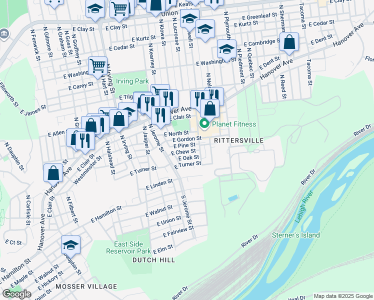 map of restaurants, bars, coffee shops, grocery stores, and more near 1022 East Chew Street in Allentown