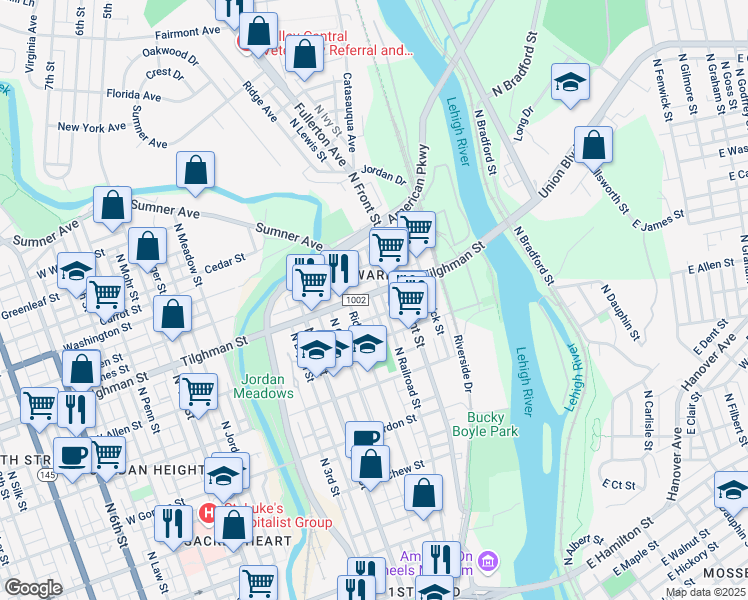 map of restaurants, bars, coffee shops, grocery stores, and more near 643 Ridge Avenue in Allentown