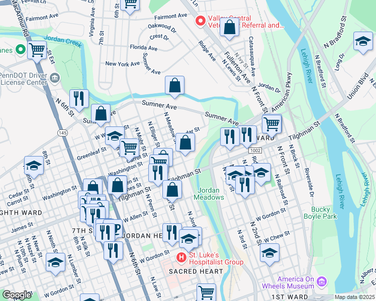 map of restaurants, bars, coffee shops, grocery stores, and more near 751 North Meadow Street in Allentown