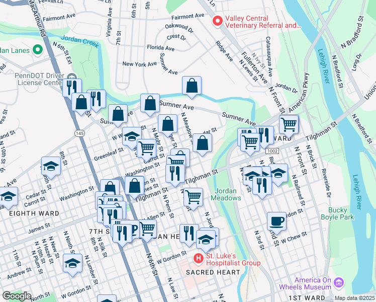 map of restaurants, bars, coffee shops, grocery stores, and more near 382 Washington Street in Allentown