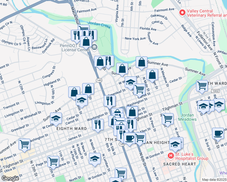 map of restaurants, bars, coffee shops, grocery stores, and more near 631 Greenleaf Street in Allentown