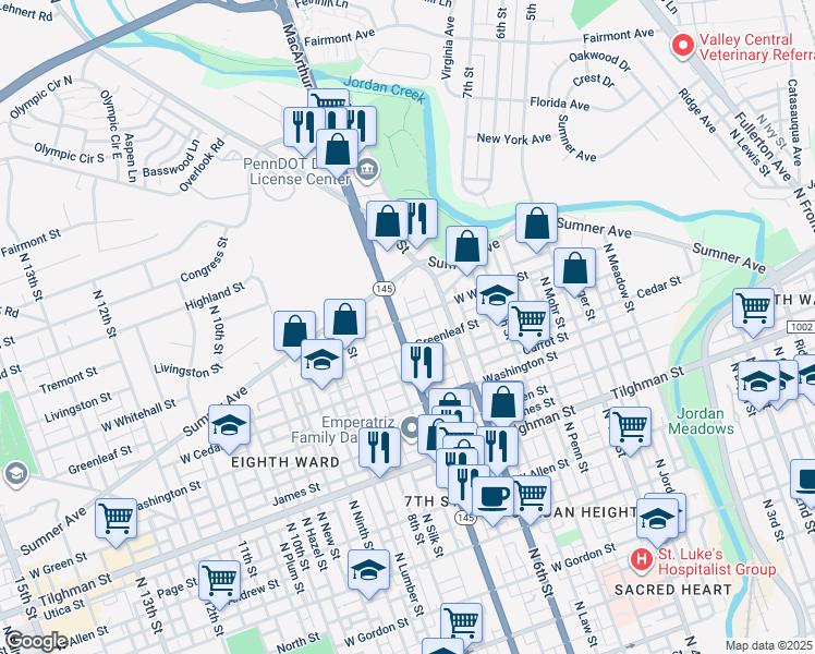 map of restaurants, bars, coffee shops, grocery stores, and more near 631 Greenleaf Street in Allentown