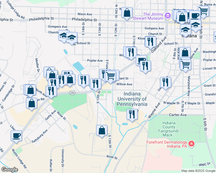 map of restaurants, bars, coffee shops, grocery stores, and more near 1215 Maple Street in Indiana
