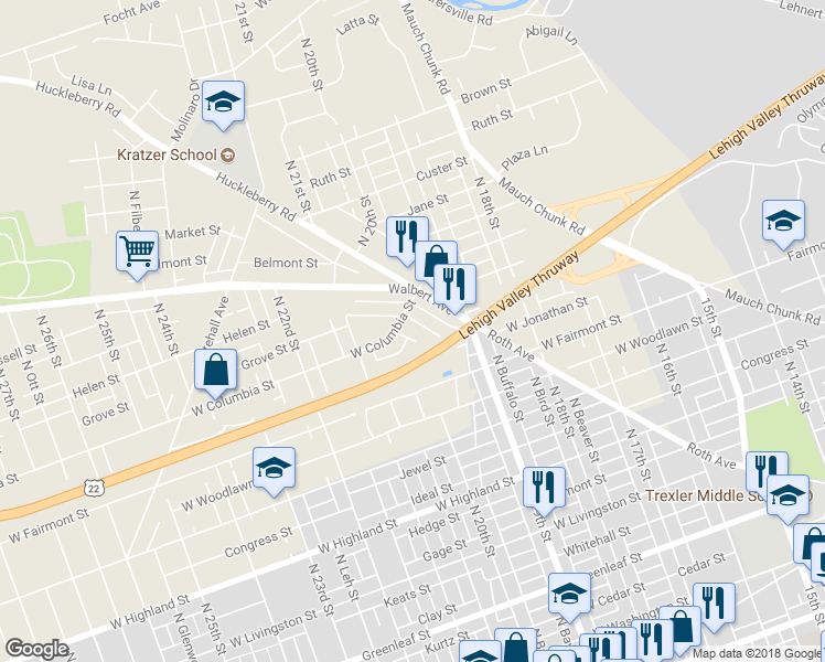 map of restaurants, bars, coffee shops, grocery stores, and more near 1972 Grove Street in Allentown
