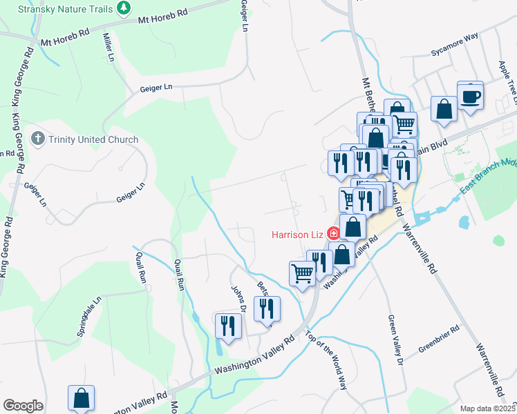 map of restaurants, bars, coffee shops, grocery stores, and more near 21 Mimi Lane in Warren