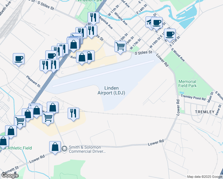 map of restaurants, bars, coffee shops, grocery stores, and more near 1101 West Edgar Road in Linden