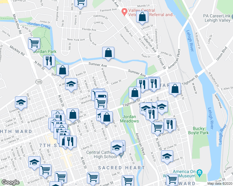 map of restaurants, bars, coffee shops, grocery stores, and more near 751 North Meadow Street in Allentown