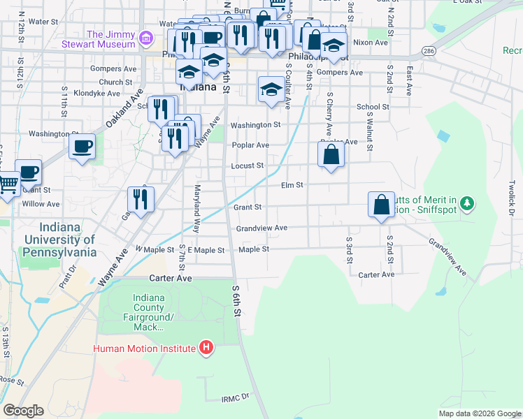 map of restaurants, bars, coffee shops, grocery stores, and more near 520 Grant Street in Indiana