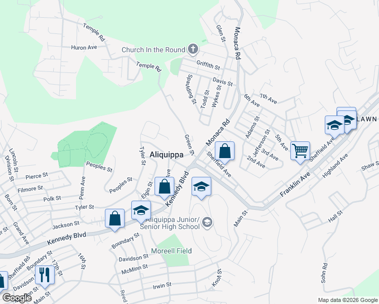 map of restaurants, bars, coffee shops, grocery stores, and more near 1313 Green Street in Aliquippa