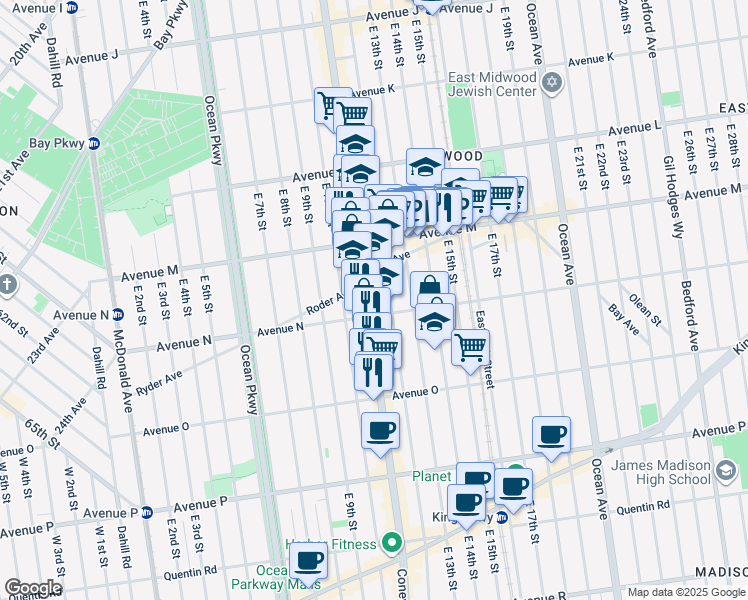 map of restaurants, bars, coffee shops, grocery stores, and more near 1722A Coney Island Avenue in Brooklyn