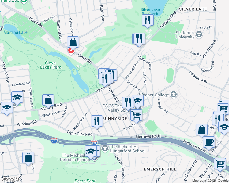 map of restaurants, bars, coffee shops, grocery stores, and more near in Staten Island